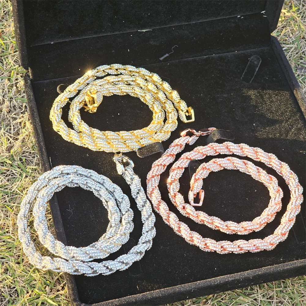 

Full Iced Out Rhinestones 9mm Rope Chain Necklaces & Bracelets Alloy Choker 7/8/9inch Rapper Hiphop Jewelry for Party Event