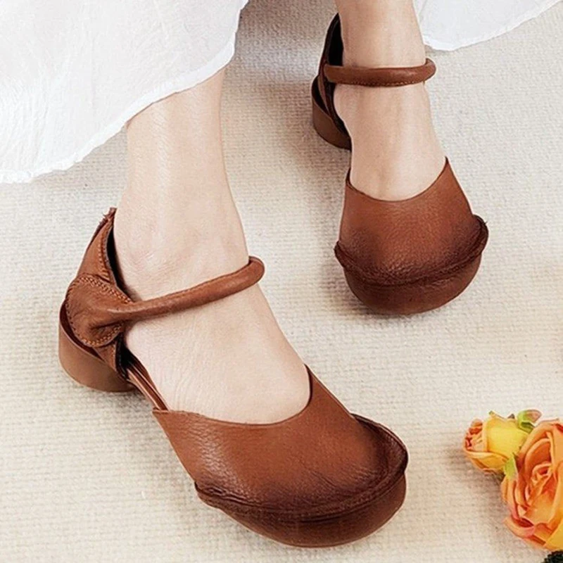 

Новые женские сандалии в винтажном стиле из мягкой искусственной кожи с круглым носком, на массивном низком каблуке, с ремешком на щиколотке, повседневная обувь для женщин