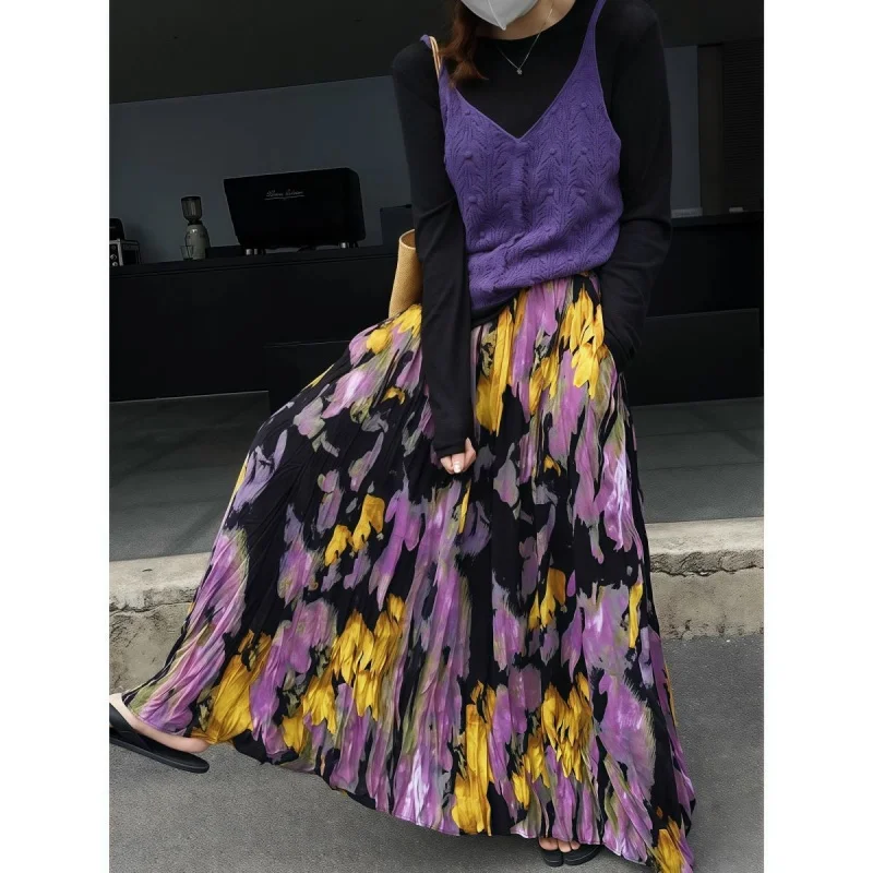 プリーツ加工のレトロな肉感遮蔽ハーフスカート 2025年新作 ファッション スリムプリントロングスカート