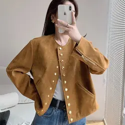 Luxury Autumn New Women Real Sheep Suede Leather Jacket Slim Fit Short Single Breasted Casual Work Natural Suede Coat