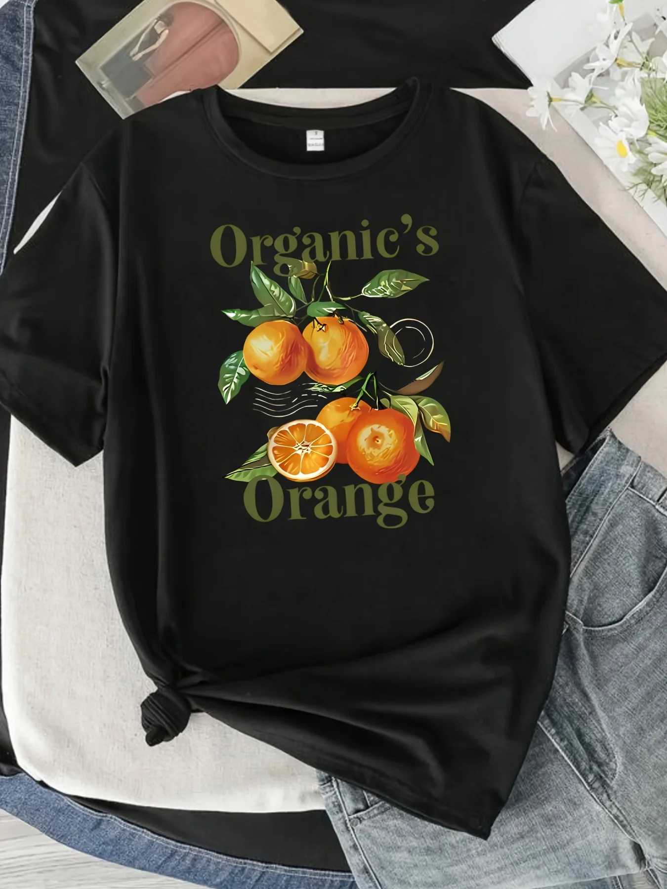 ORGANICS ORANGE T-shirt z nadrukiem w kształcie litery i cytrusa, modny, modny top damski