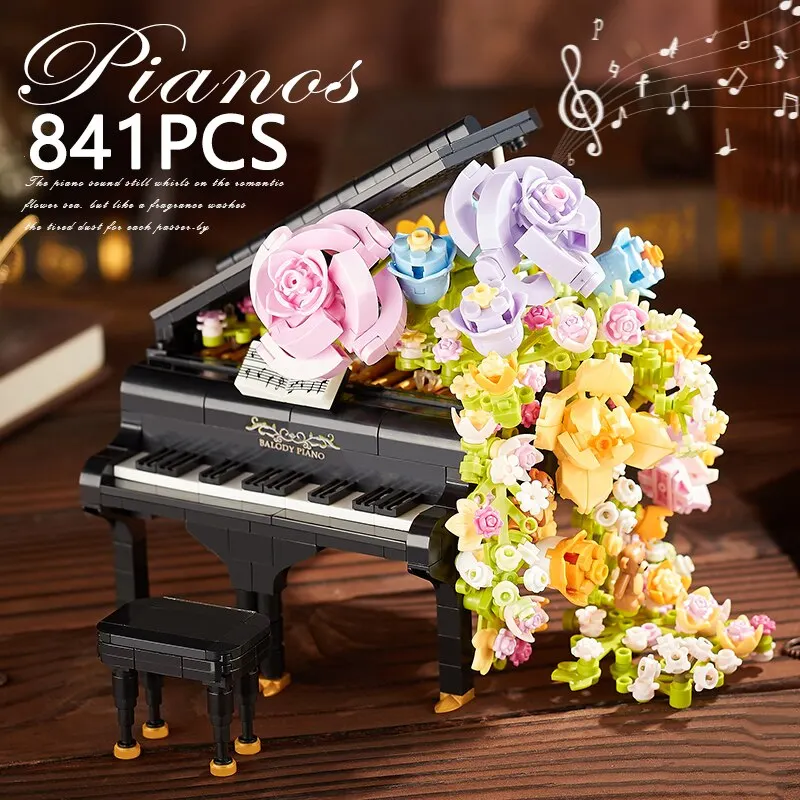 Mini Piano Violin Building Blocks Musical Instrument Preserved Flower Waterfall DIY Model Bricks Toys Children's Holiday Gifts