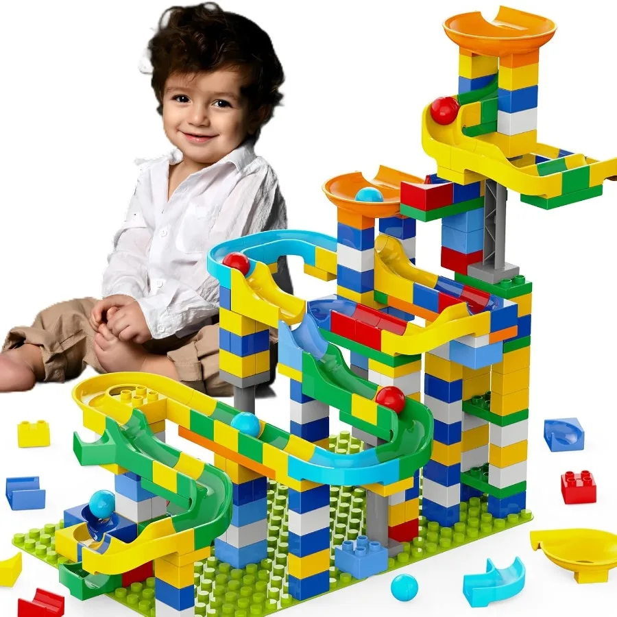 3in1 Marble Runs for 4-8 Building Blocks 246Pcs Classic Big Blocks Toys Set Compatible with DUPLO Lego Sets Marble Maze Race Tr