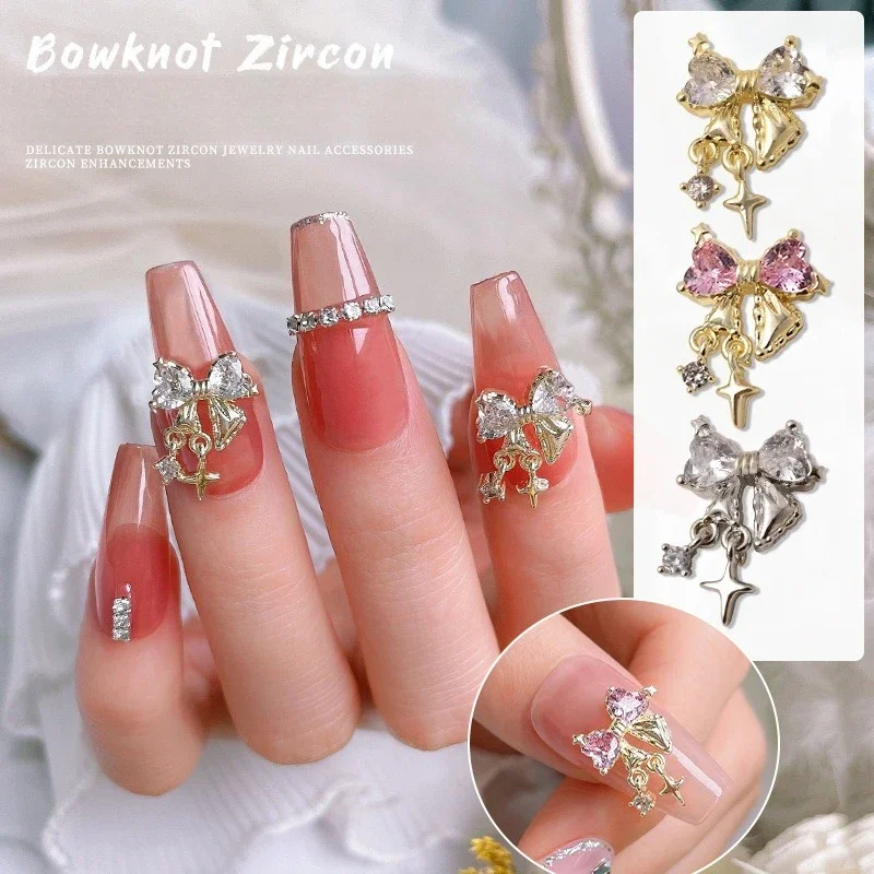 1Pc Popular Zircon Bow Pendant Nail Charm, Color Retention Metal Accessory With Star Dangle For Luxury Nail Art Sticker Decor