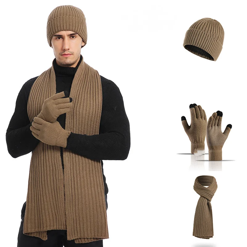 Unisex Winter Thickened Knitted Beanie Hat Scarf Gloves 3pcs Set Solid Color Touch Screen Gloves Warm Outdoor Accessory
