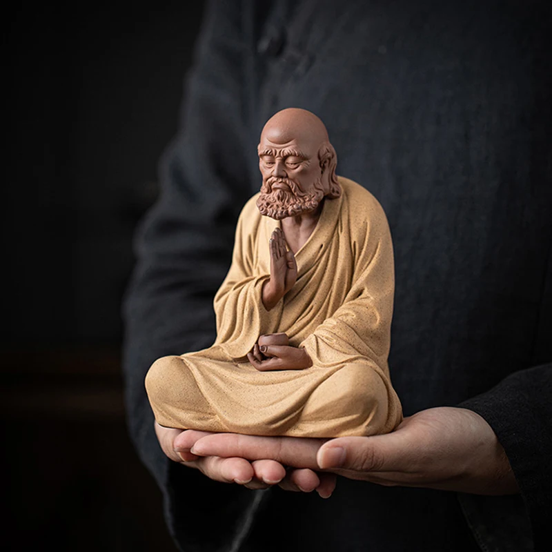 Zisha Shakya Buddha Statue,  Meditating Zen Monk Figurine, Ceramic Tea Pet Ornament, Feng Shui Decor for Peaceful Home Office