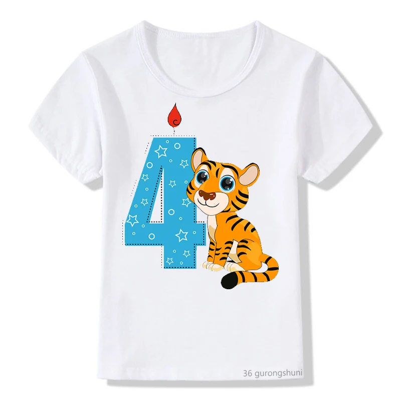 

2022 New Style Cute Kawaii Cartoon Tiger With Number 2-12 Happy Birthday T Shirt Kids T-Shirt Tees Top Young Children Kids Tops