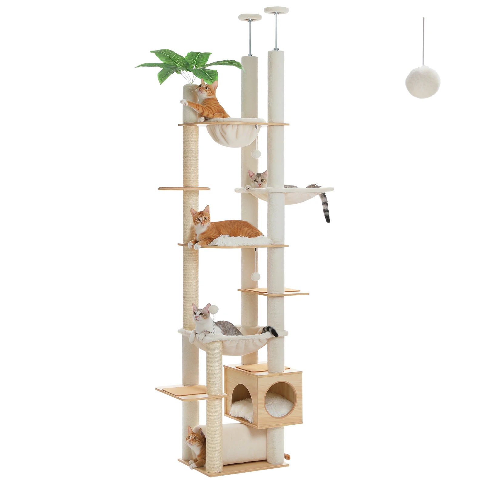 In hoogte verstelbare houten kattenboom met grote hangmat Sisal-krabpalen Van vloer tot plafond Kattentoren Gezellig kattendoom voor binnen