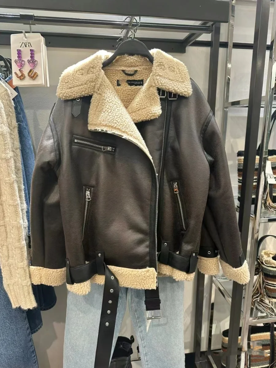 

Double-Sided Leather And Fur Jaet Thiened New Autumn Winter Women's Motorcycle Clothes Faionable ort Outerwear