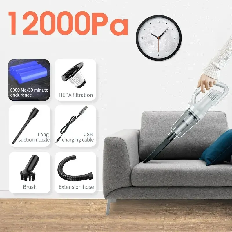 Cordless Vacuum Cleaners Lightweight USB Rechargeable 120000 Pa Powerful Suction Handheld for Car Home Pet Hair