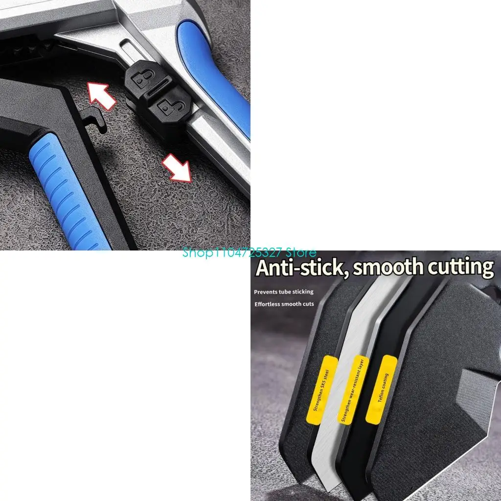 D8KF Aluminum Alloy Pipe Cutter with Curved Jaw Guided Cutting Slot and Blue Grip for Plastic and Metal Tubes at Work