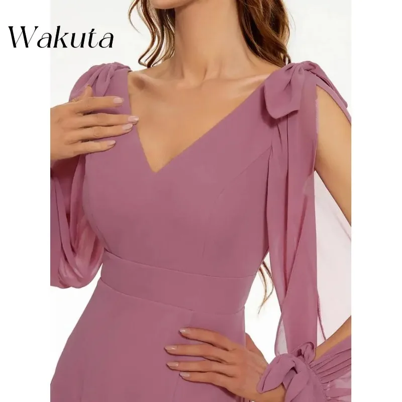 Wakuta Luxury V-Neck Full Sleeves Floor-Length Solid Evening Gown Long A-Line 2024 of Chiffon Bridesmaid Vestidos Elegante Mujer