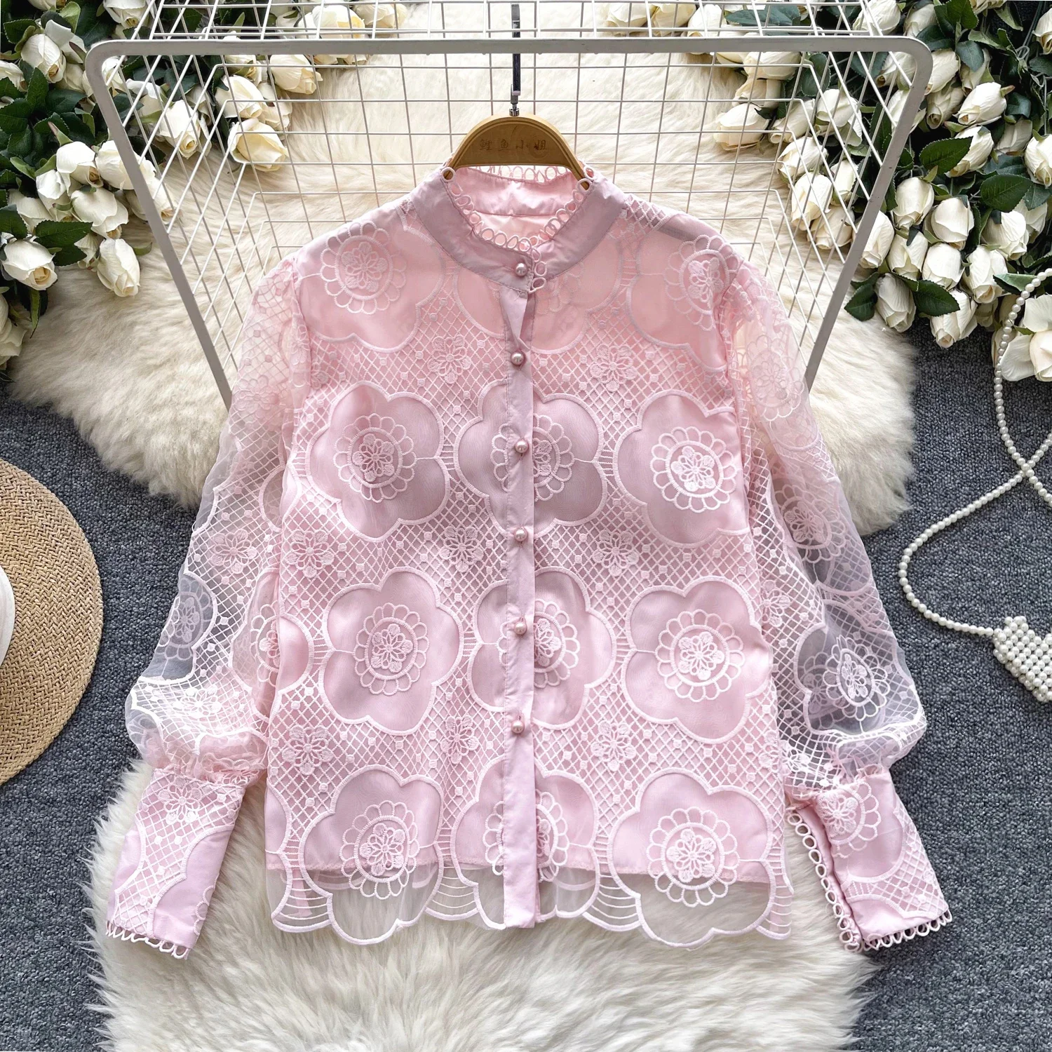 Vintage Stand Collar Chic Hollow Out Slim Mesh Embroidered Top Korean Fashion Women Streetwear High Street Spring Autumn Blouse