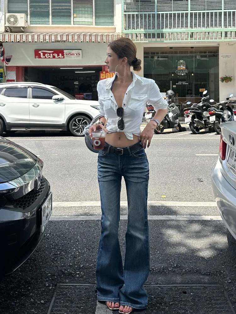 【FANGTING】 Women Spring Summer Low Waist Flared Jeans Washed Casual Bell Bottom Pants Floor Length Trousers For Tall Women