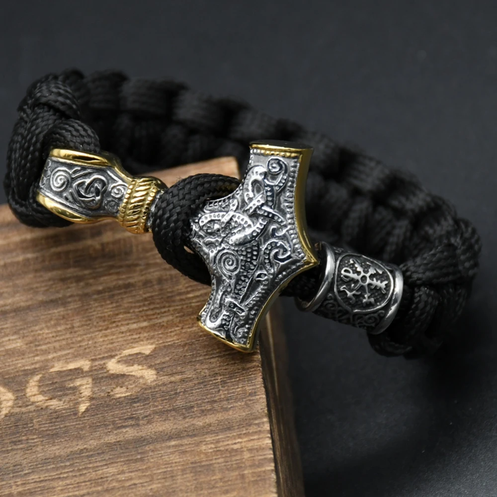 Bracelets de survie en acier inoxydable, marteau Viking Thors, corde paracorde, amulette nordique Mjolnir, bijoux scandinaves pour hommes
