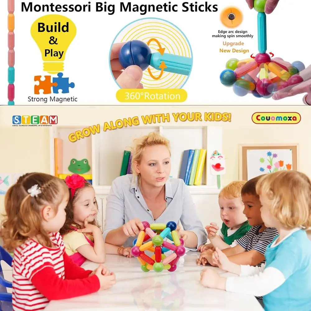 Montessori Magnetic Building Set for Ages 3-12: Creative Playroom Toy for Kids - Ideal Christmas or Birthday Gift