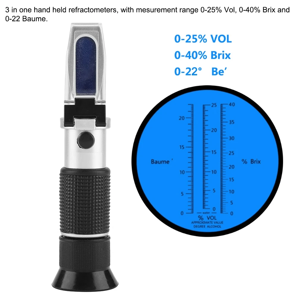 Portable Hand Held Grape and Wine Alcohol Refractometers 0-25% Vol 0-40% Brix 0-22 Baume