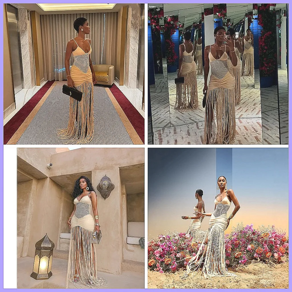 

Sheer Tassel Hem Dress for Women, Sexy Backless Sleeveless Club Dress with Hollow Out Design (Characters: 78)