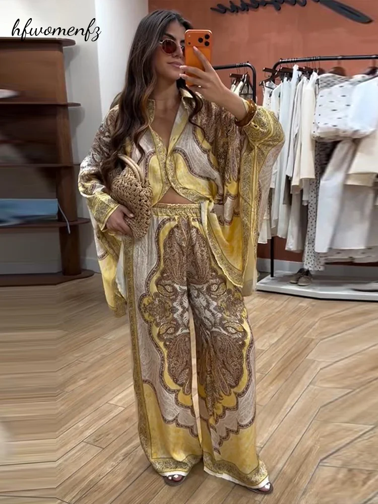 Boho Locker Bedrucktes Damen 2-Teiliges Hosen-Set Langarm-Hemd mit Revers Hohe Taille Weite Hose Damen Strand All-Matching Outfit