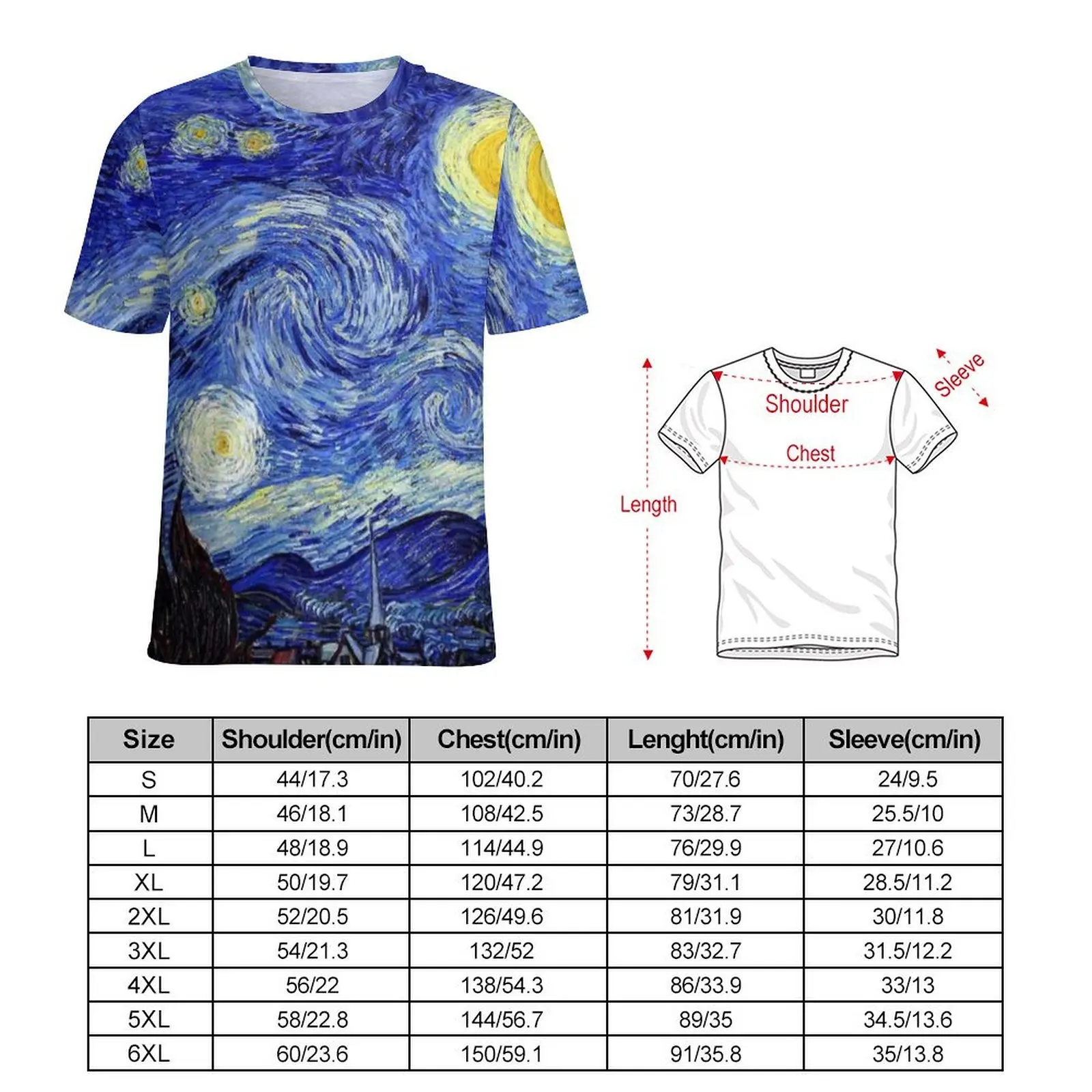 Plus Size T-Shirt Summer Van Gogh Inspired T-Shirts Classic Starry Night Casual O Neck Tshirt Men Fashion Graphic Top Tees