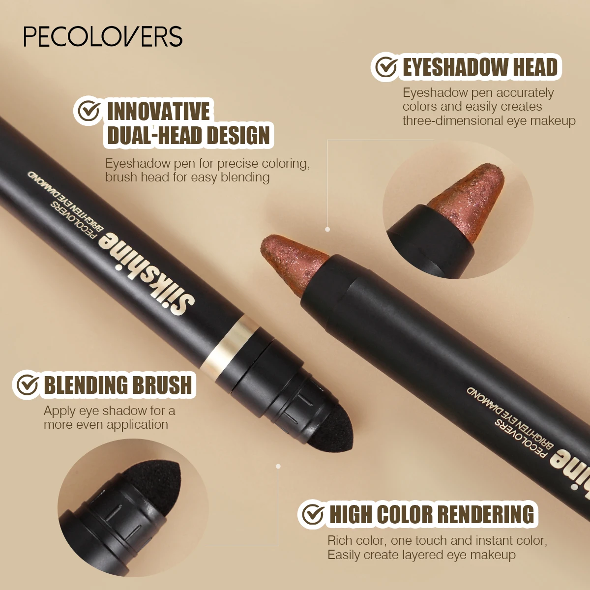 عصا ظلال عيون لامعة متعددة الألوان ذات نهاية مزدوجة - تشطيبات مقاومة للماء ولامعة، خيارات متعددة الألوان، لجميع أنواع البشرة