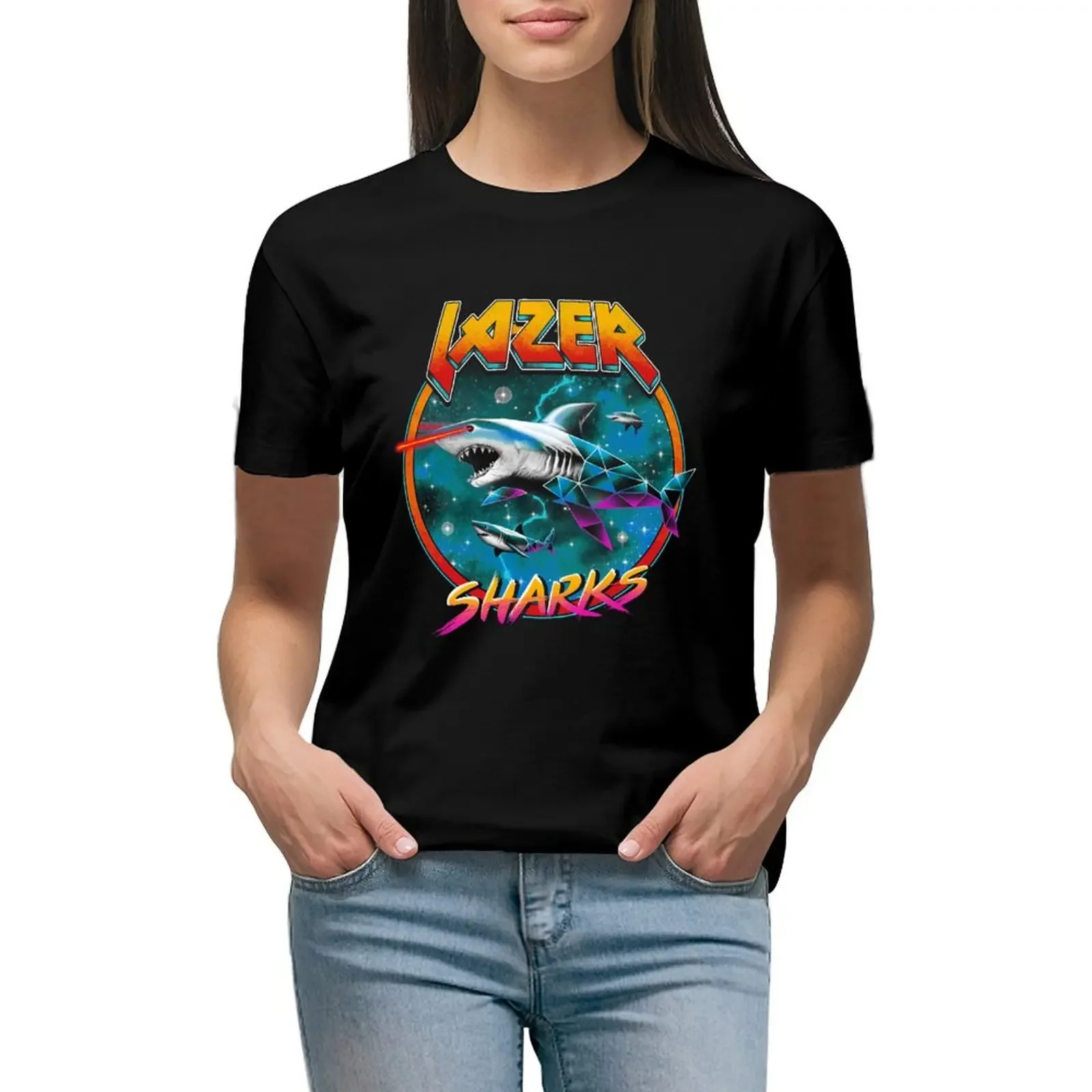 

Lazer Sharks T-Shirt vintage summer tops plain heavyweights Womens graphic t shirts