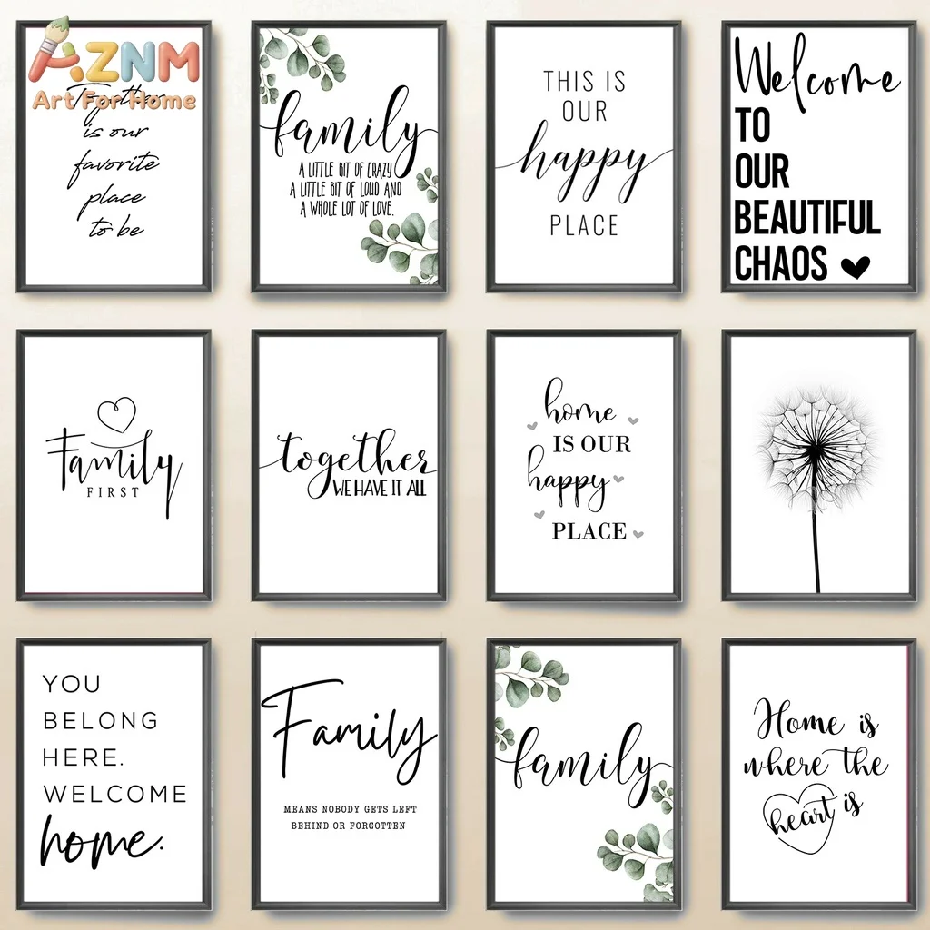 AZNM Family Inspirational Quote Canvas Wall Art Eucalyptus Dandelion Black White Typography Unframed Canvas Print Farmhouse Livi