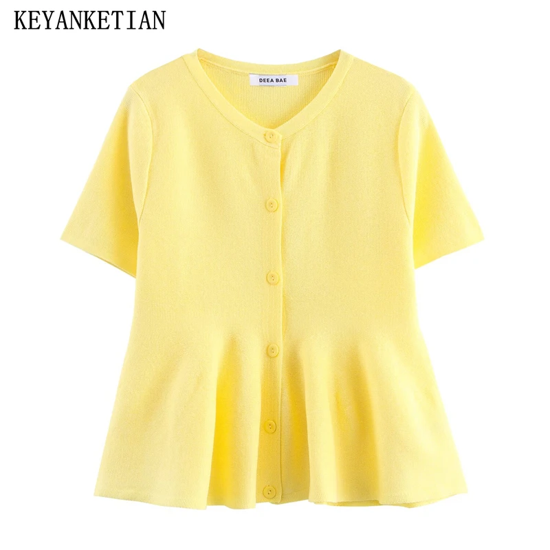 

KEYANKETIAN 2025 Summer New Women Skirt Hem Knitted Top Sweet style O-Neck Single Breasted Slim Short Sleeve Sweater Knit Shirt