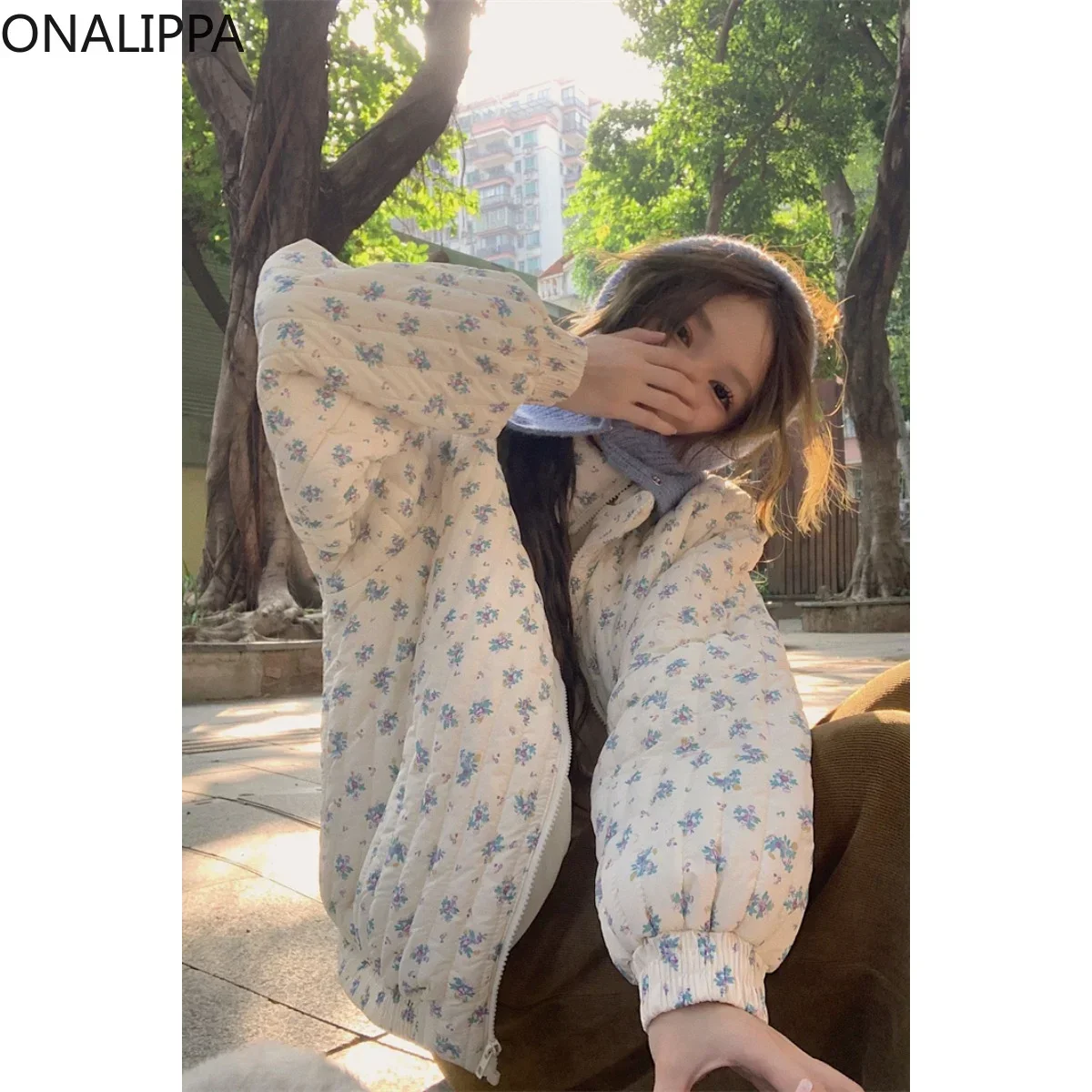 Onalippa Small Fresh Blue Floral Quilted Coat Stand Collar Thick Winter Clothes Women Korean Zip Up Sweet Casual Pleated Jackets