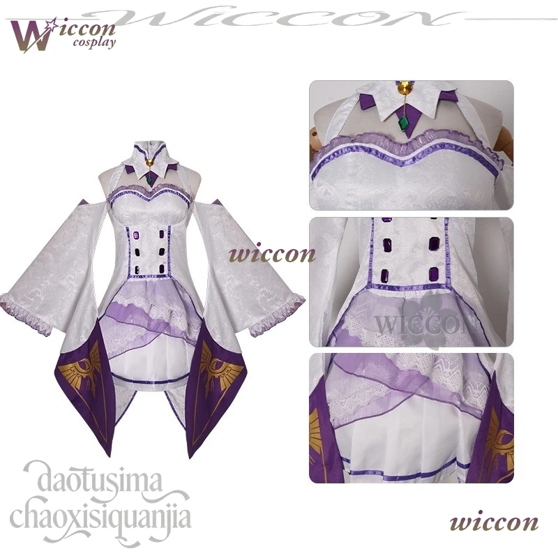 Disfraz de Emiria de Re:Zero -Anime Cosplay, Vestido Blanco y Morado con Encaje Bordado, Calcetines, Orejeras y Pelucas de Estilo Lolita Dulce para Halloween