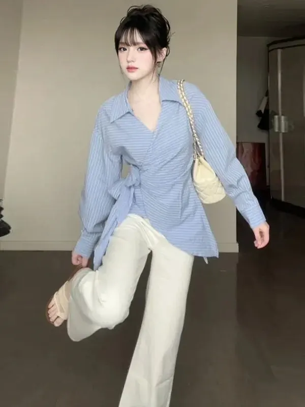 

Корейская элегантная приталенная рубашка в полоску с утягивающим эффектом на талии, модная рубашка Весна 2026, женская премиальная модная одежда