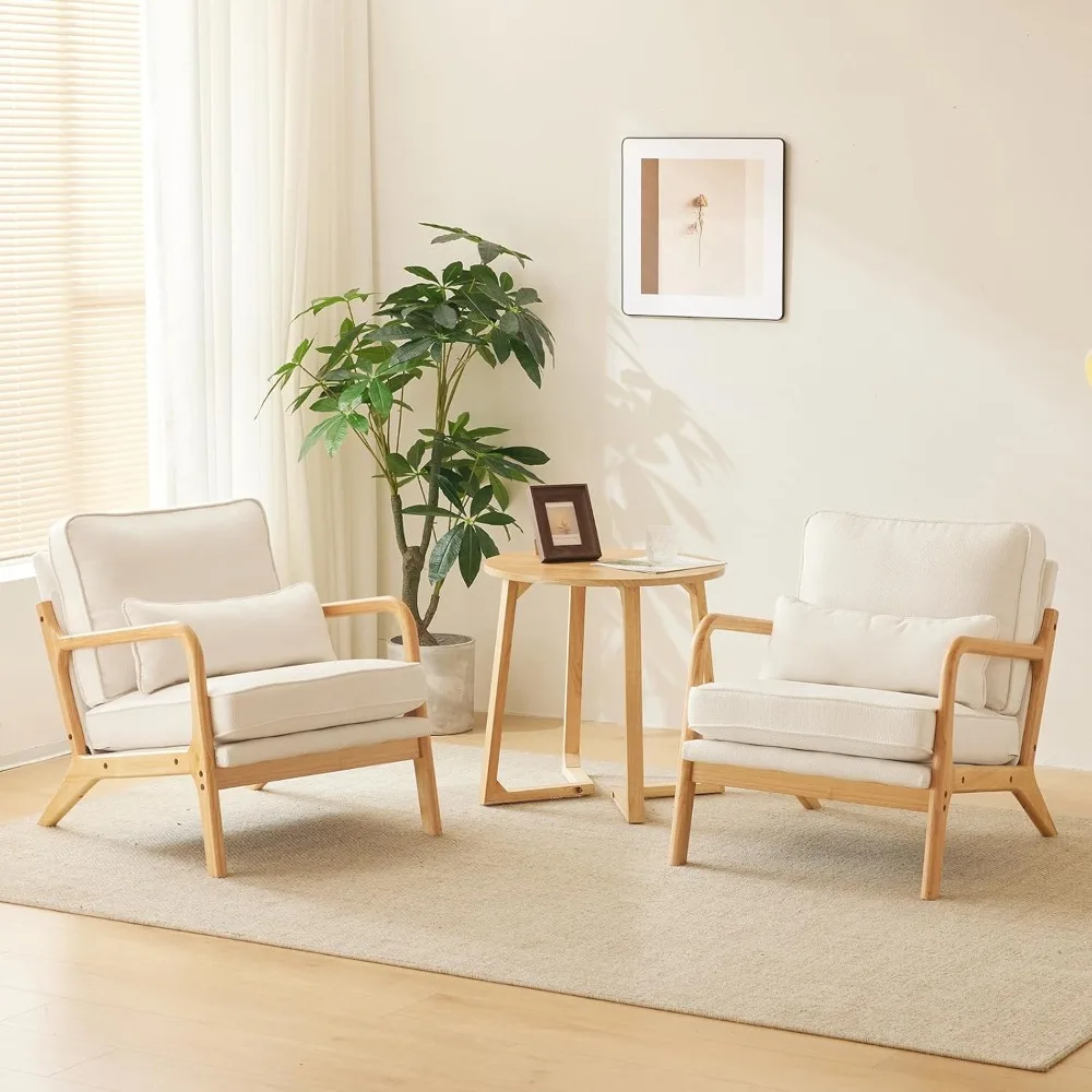 Cozy Chairs, Coarse Linen Beige Accent Chairs Set of 2, Wood Lounge Chairs, Comfy Armchair Upholstered Reading Side Chair