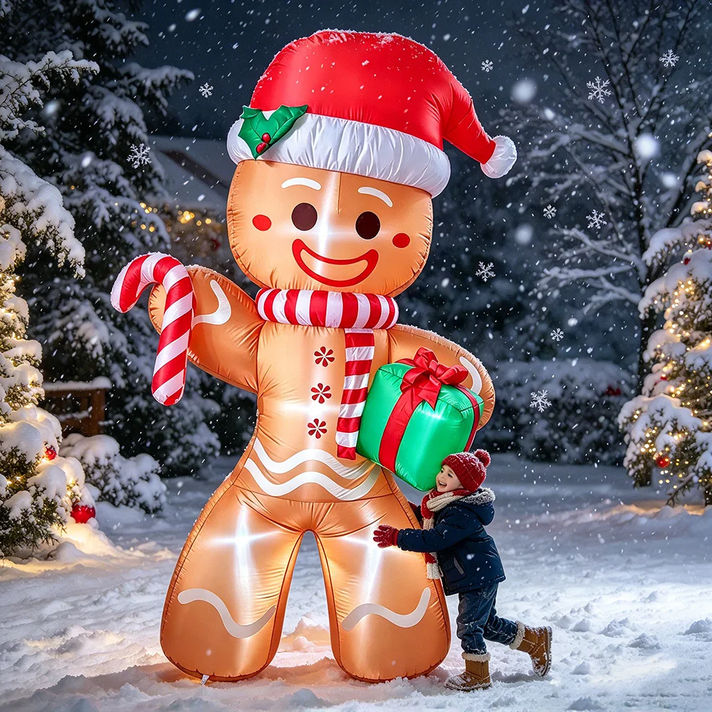 8FT Christmas Inflatable Gingerbread Man Holding Gift Pack, LED Light Up Blow Up Decoration,OutdoorYard Lawn Garden Xmas Holiday