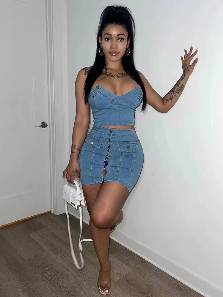 Summer Women 2 Piece Set Denim Fashion Female Hot Girl Cover Up Vest and Mini Skirt Sets Sexy Suit Wholesale Dropshipping