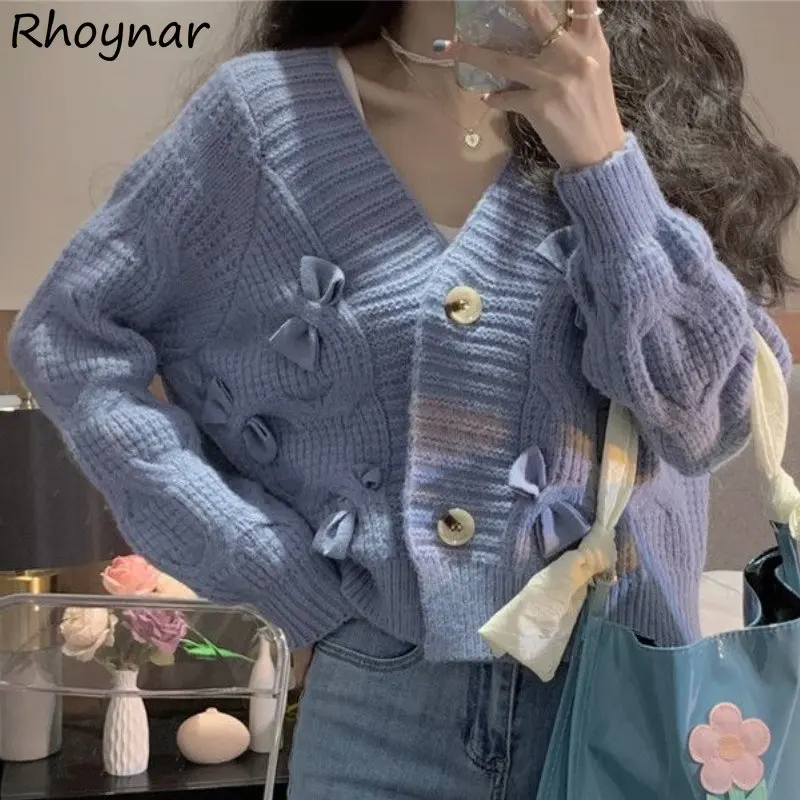 

Blue Cardigan Women Kawaii Clothes Multi-Bow Designer Girls Preppy Sweet Кардиган Cropped Baggy V-neck Japanese Stylish Gentle