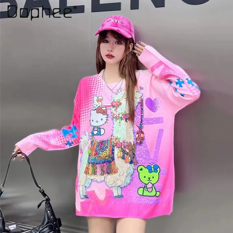 Mid Length Crew Neck Sweater Women's Autumn and Winter Fashion Cartoon Hot Diamond Printing Loose Pullover Kawaii Clothes