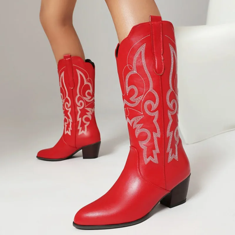 

Autumn and Winter New Style Fashion High Heels Women Boots Solid Color Pointed Tip Embroidery Square Heel Chelsea Women's Boots