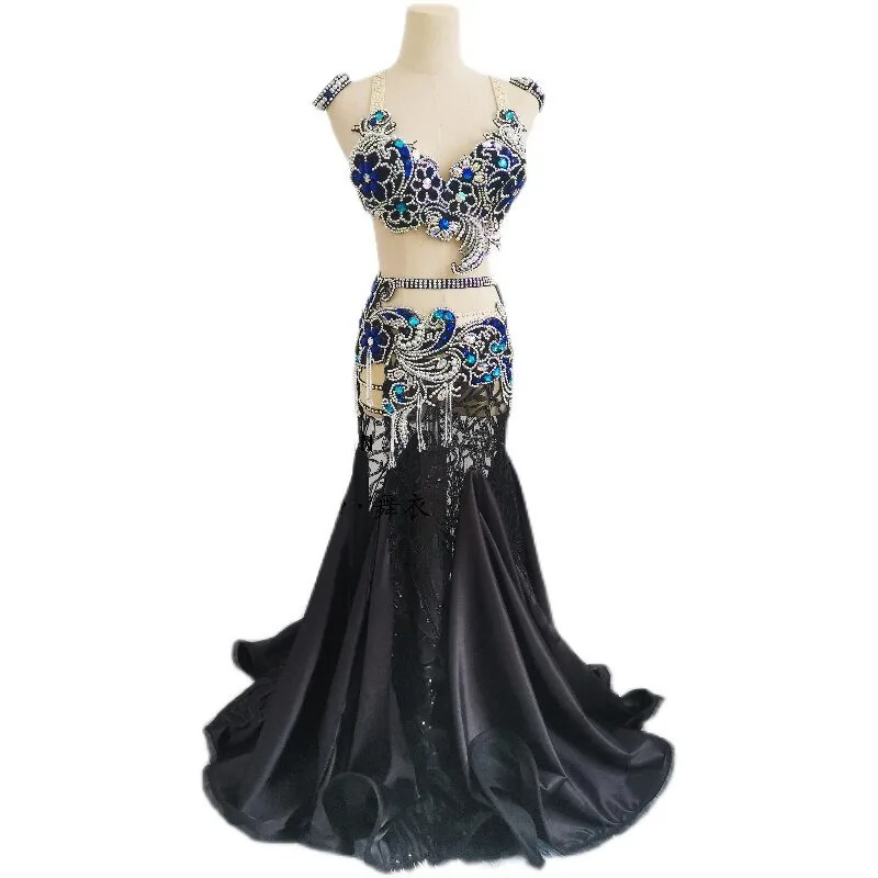 Customized Belly Dancewear Rhinestone Accessories Group Stage Suit Performance Costume Belly Dancing Bra Tassel Split Skirt Set