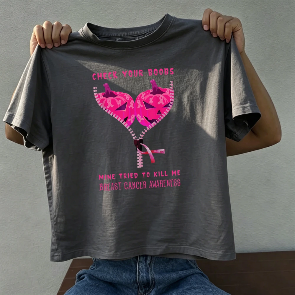 Pink Ribbon October Breast Cancer Awareness Warrior Check Your Boobs Graphic T-Shirt Short Sleeve Cotton Summer Unisex Top