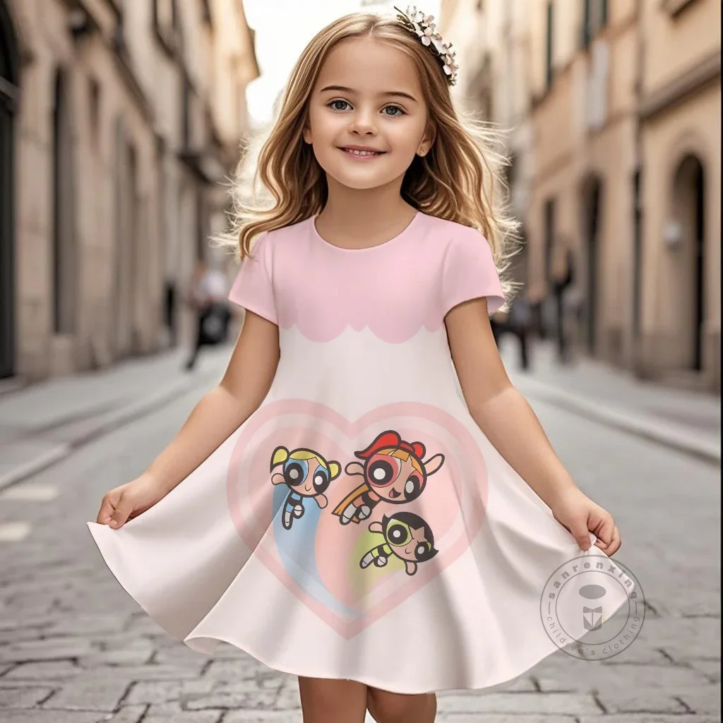 

Girls Powerpuff Girls Kawaii Dress 3D Printed Short Sleeve Round Neck Summer Casual Fitted Dress Children 3-14 Years