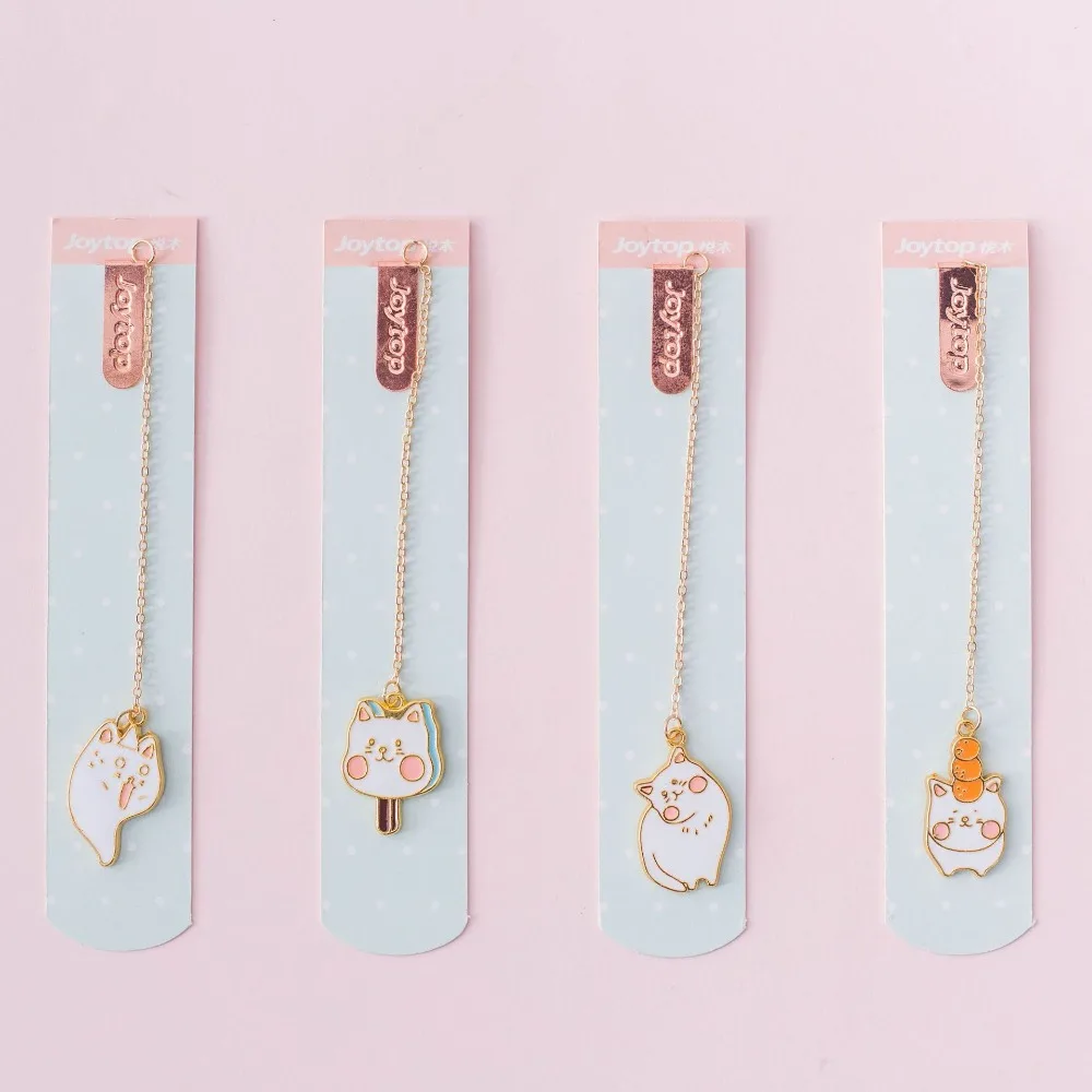 4PCS Cute Cartoon Cat Metal Chain Bookmark Lovely Enamel Pendant Page Marker Sweet Stationery Gift for Book Lovers