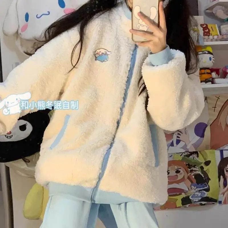 Sanrios Cinnamoroll Lamb Wool Coat Women Autumn Winter Kawaii Korean Zipper Jacket Fleece Thick Girls Student Tops Jacket Warm