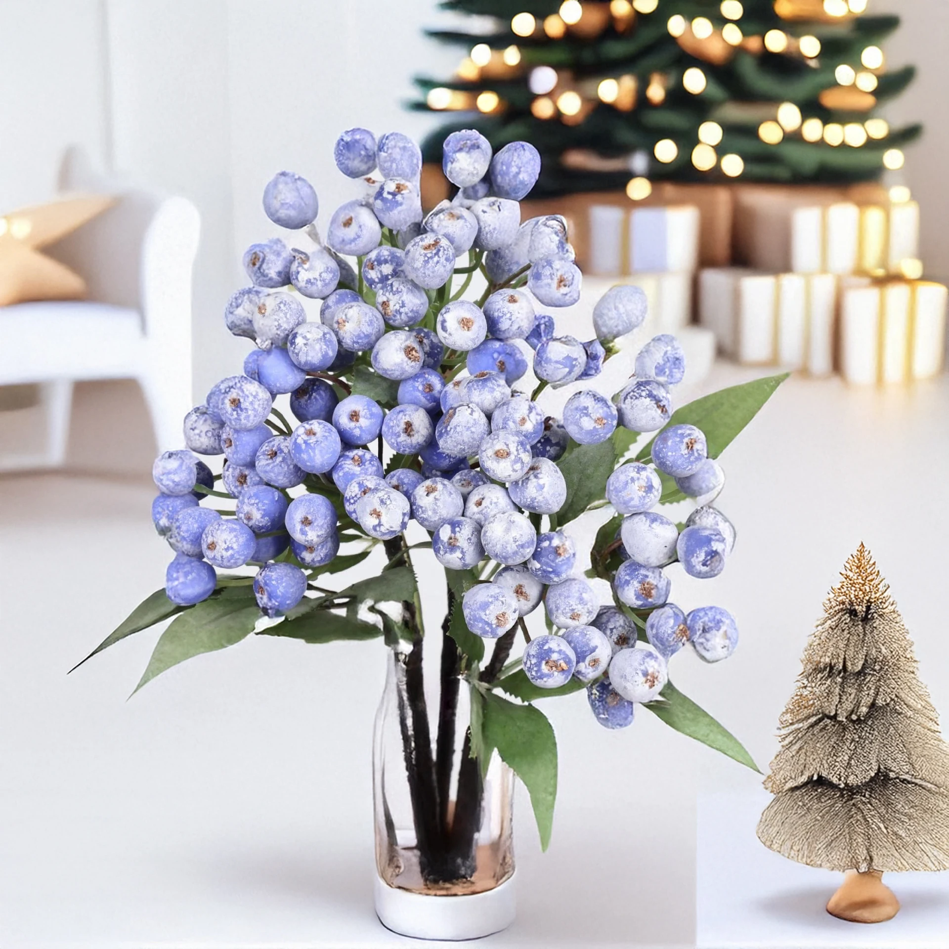 14.2 Inch Artificial Blueberry Branch Fake Berry Stems Christmas New Year Decoration Faux Plant Home Garden Decor