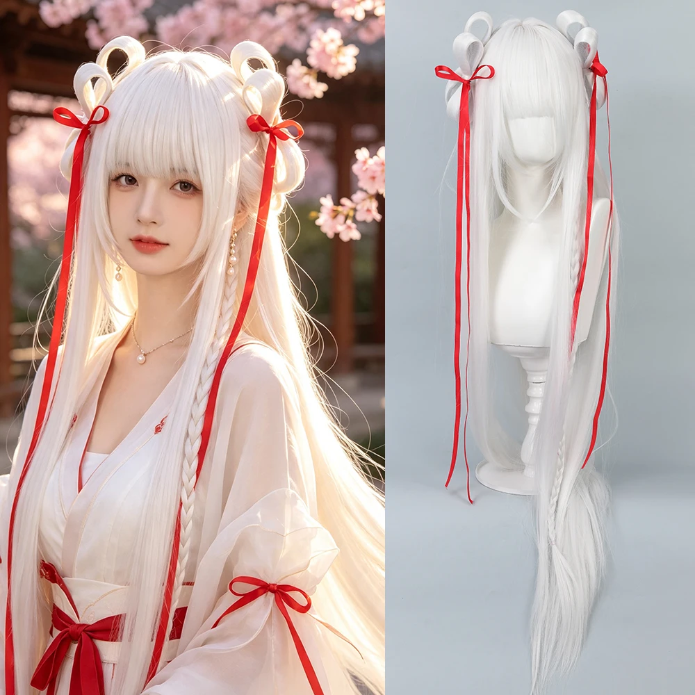 Synthetic 40 Inch White Long Hair Cosplay Wig With Red Ribbon Halloween Role Play Heat Resistant Fiber Hair Accessories