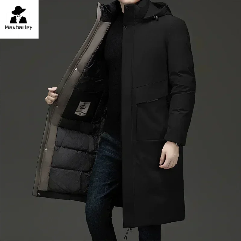 New Winter Jacket Men's Long Luxury Business Thickened Down Cotton Warm Parkas Men's Street Snow Cold-proof Hooded Padded Coat