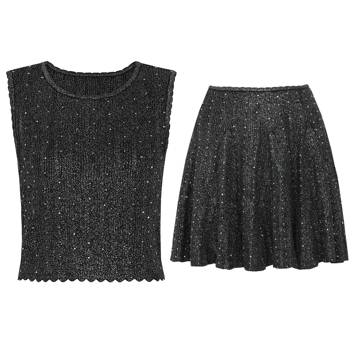 

26160 High Grade Summer Autumn Outfit Sleeveless Diamond Knit Tank Top A-Line Mini Skirt Trendy Women Clothing Set