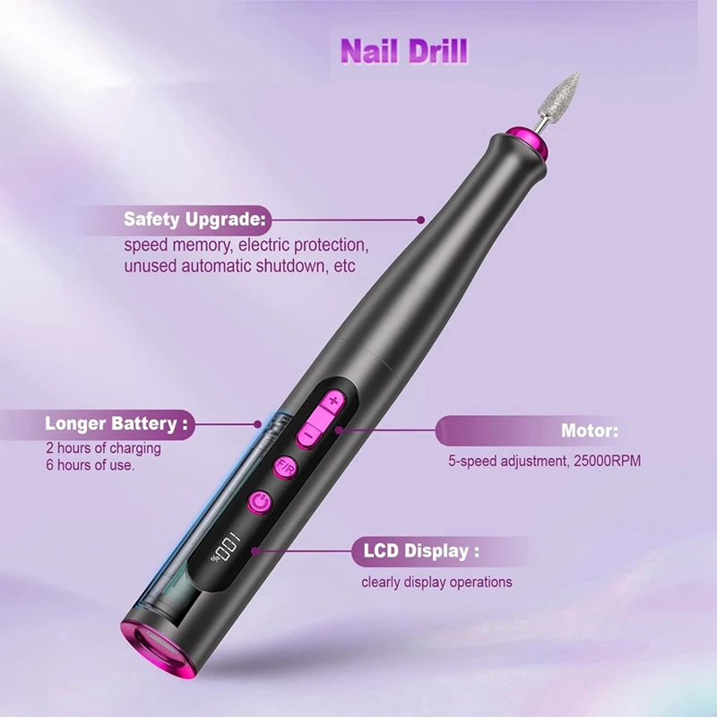 Cordless Electric Nail Drill Machine, Professional Nail File Kit For Acrylic Gel, Rechargeable Portable Nail Filer Set Durable