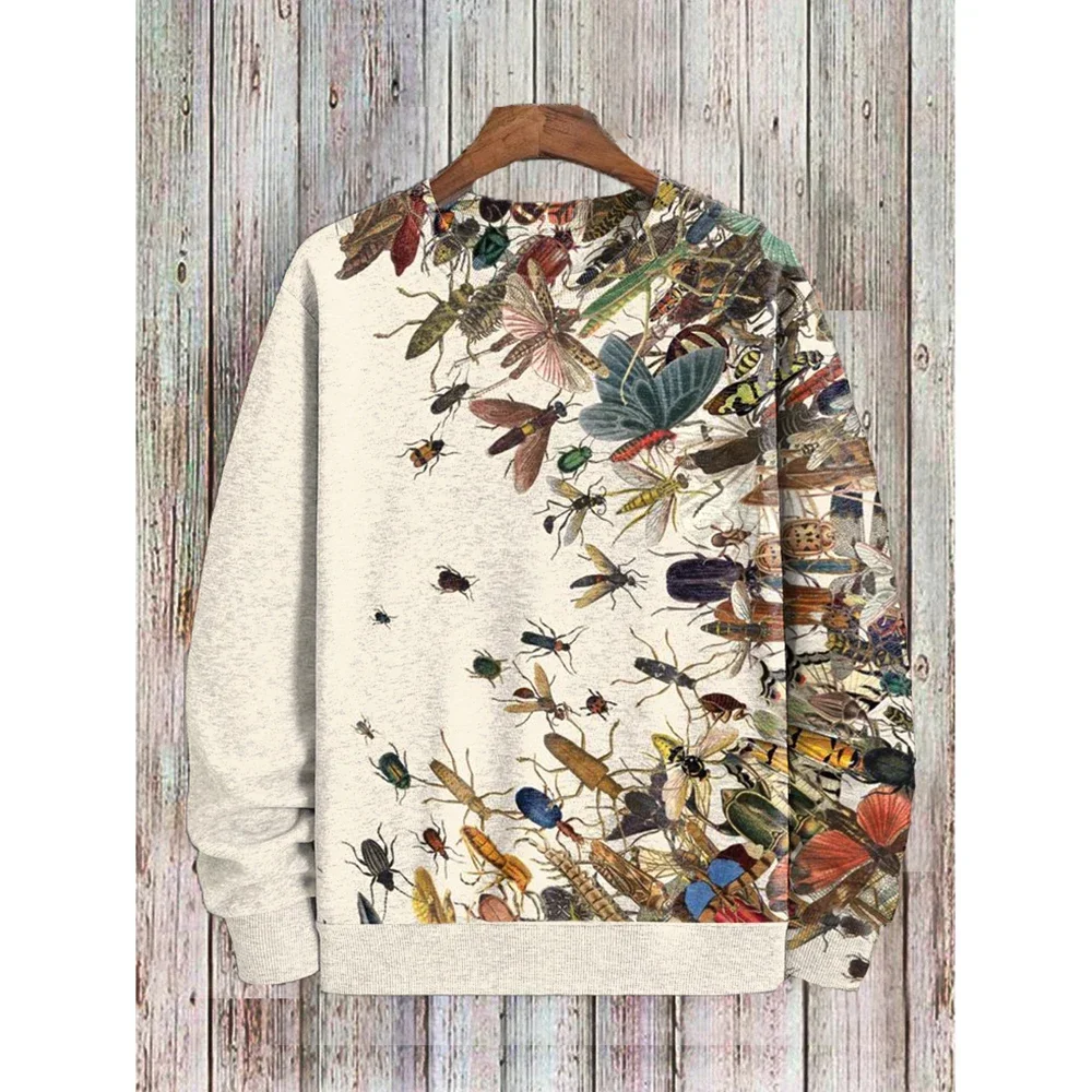 2024 Spring and Summer Men's Retro Long Sleeve Top Bee Bohemian Art Print Pullover Casual Sweater Fashion Casual