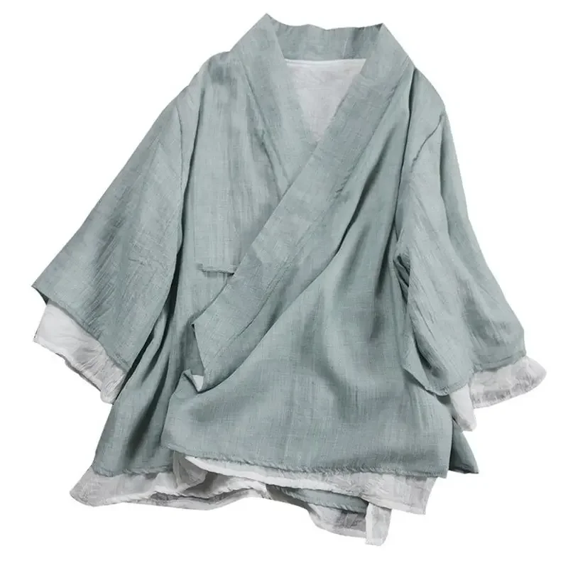 Women Linen Shirt Tops Chinese Style Vintage Retro Shirt Cardigan Coat Fairy Tai Chi Uniform Tang Suit Breathable Casual Hanfu