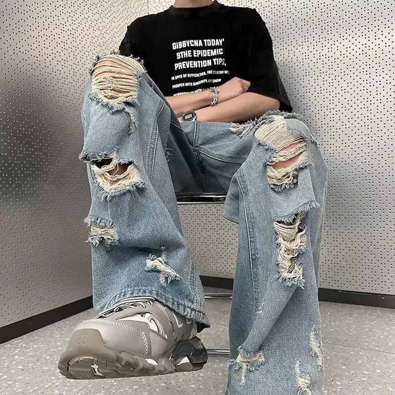

2026 New Summer American Retro Vintage Ripped Jeans For Men Thin High Waist Straight Loose Wide Leg Slimming Denim Pants